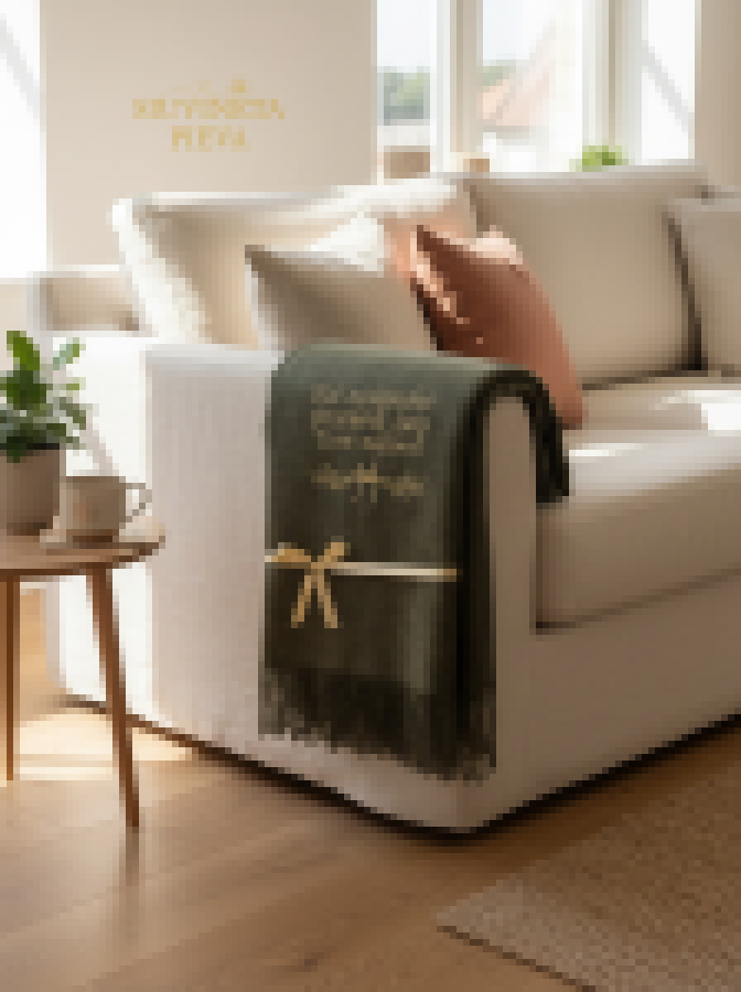 Jaukus pledas, išsiuvinėtas tekstu